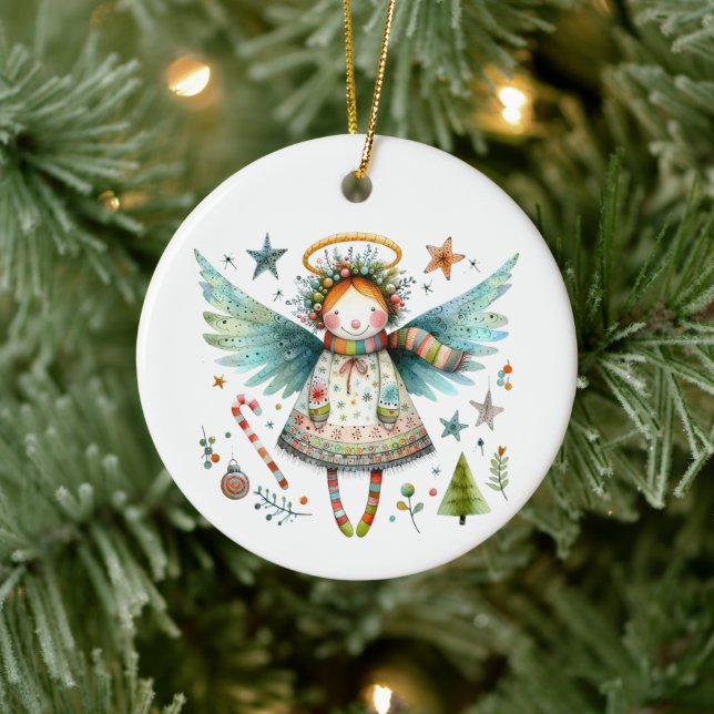 Whimsical Christmas Angel Modern Folk Art Style Ceramic Ornament (Tree)