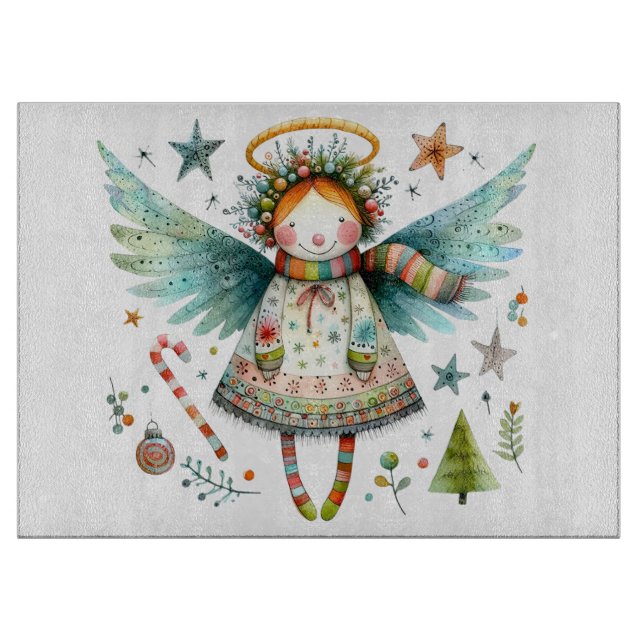 Whimsical Christmas Angel Modern Folk Art Style Cutting Board (Front)
