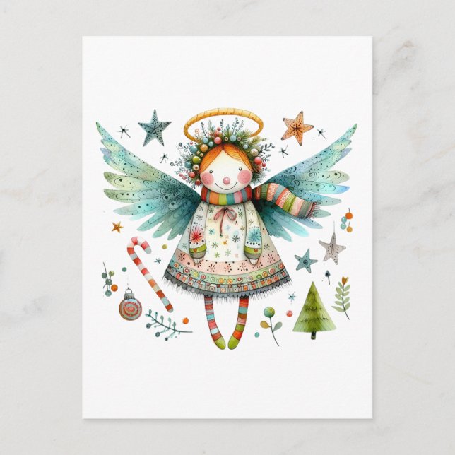 Whimsical Christmas Angel Modern Folk Art Style Postcard (Front)