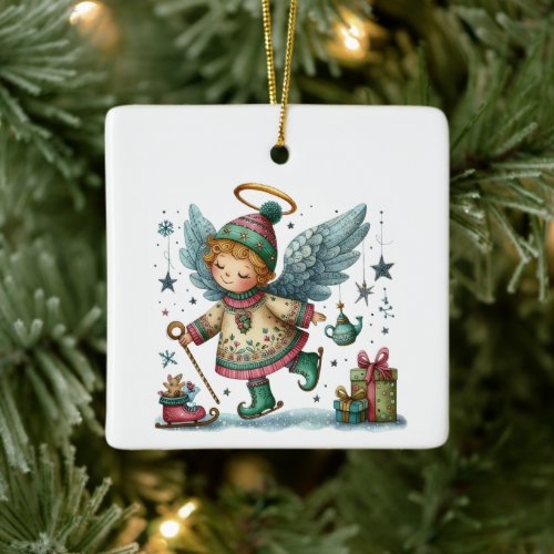 Whimsical Christmas Angel on Ice Skates Ceramic Ornament