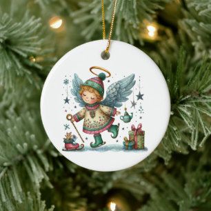 Whimsical Christmas Angel on Ice Skates Ceramic Ornament