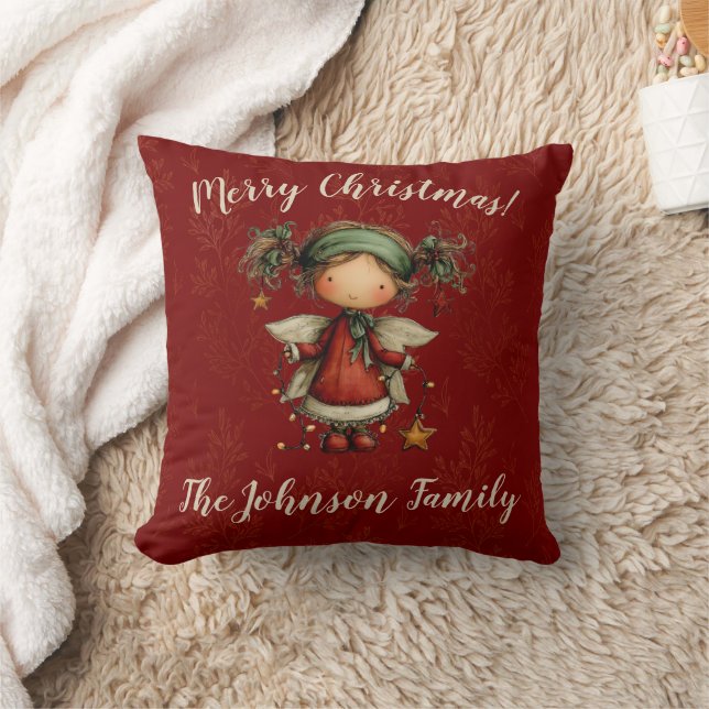 Whimsical Christmas Angel Red Holiday Decor Throw Pillow (Blanket)