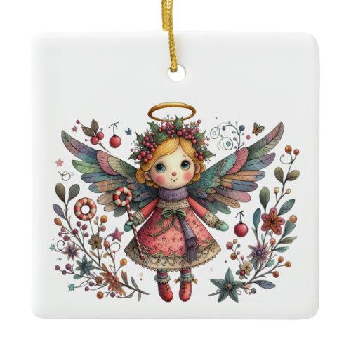 Whimsical Christmas Angel with Multi-color Wings Ceramic Ornament