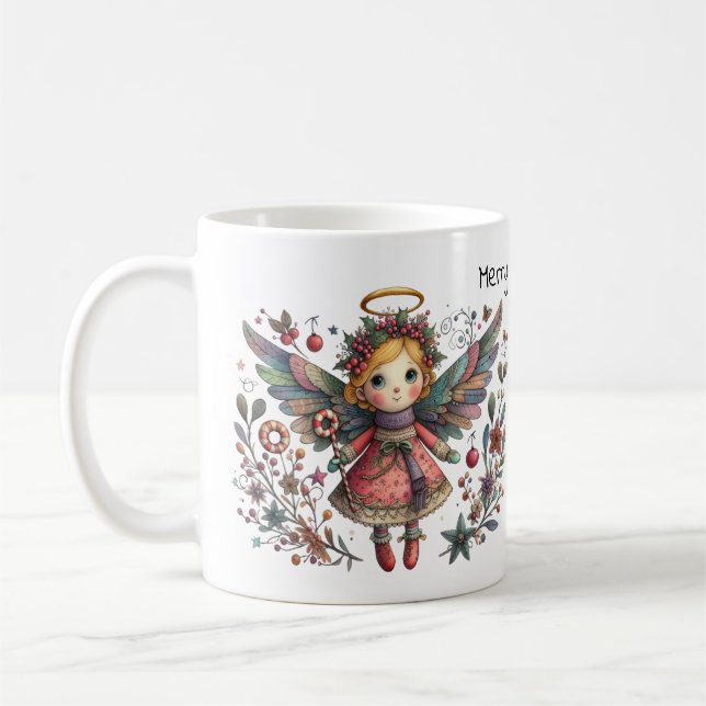 Whimsical Christmas Angel with Multi-color Wings Coffee Mug (Left)