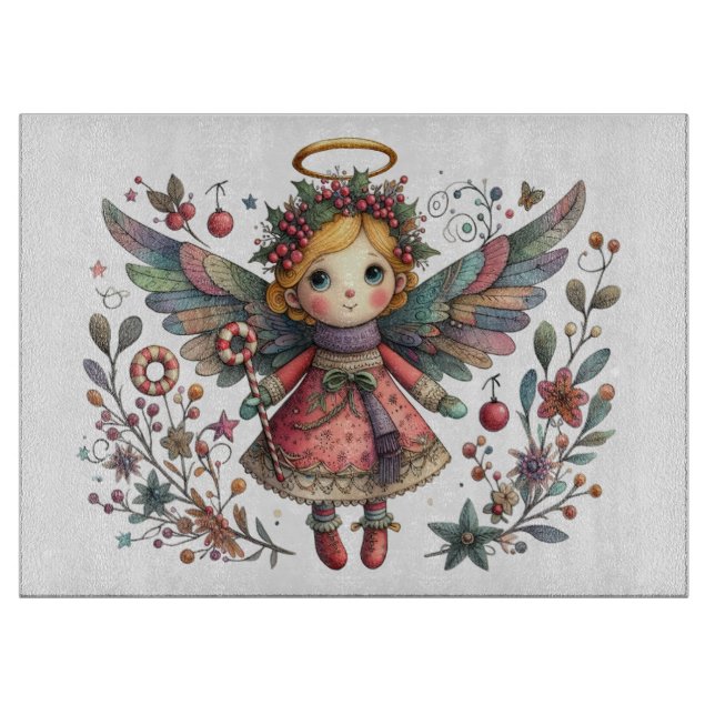  Whimsical Christmas Angel with Multi-color Wings Cutting Board (Front)