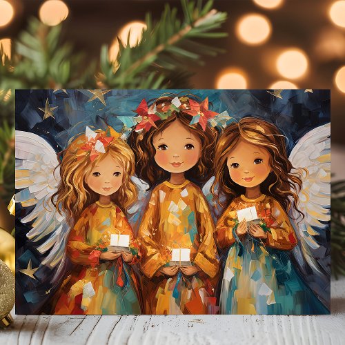 Whimsical Christmas Angels With Candles Holiday Card