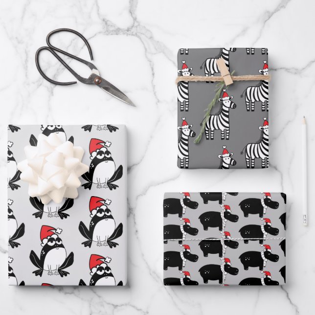 Whimsical Christmas Animal Trio Wrapping Paper Sheets (Front)