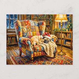 Whimsical Christmas Armchair Sleeping Mops Illustr Postcard