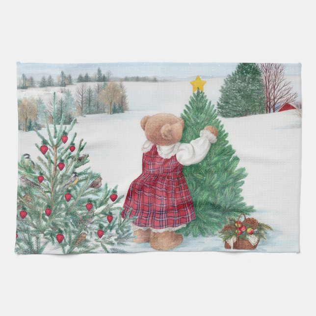 Whimsical Christmas Bear Winter Pine Kitchen Towel (Horizontal)