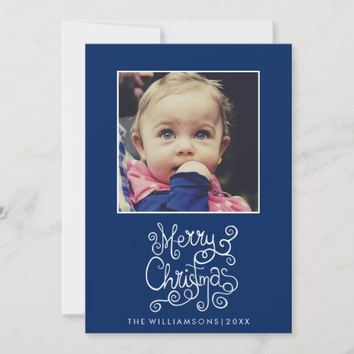 Whimsical Christmas Blue Calligraphy Swirl Photo Holiday Card