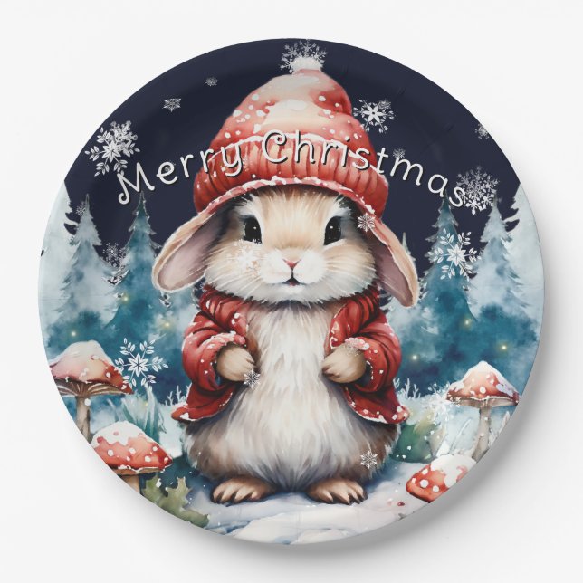 Whimsical Christmas Bunny Holiday Party Paper Plates (Front)