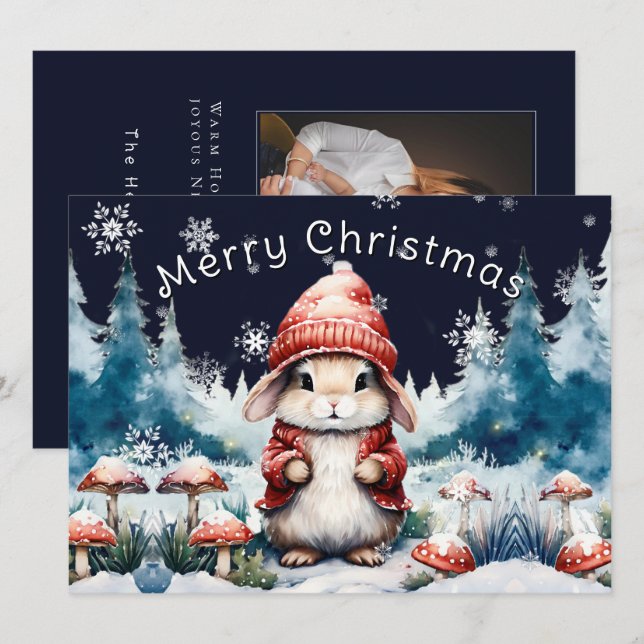 Whimsical Christmas Bunny Holiday Photo Card (Front/Back)