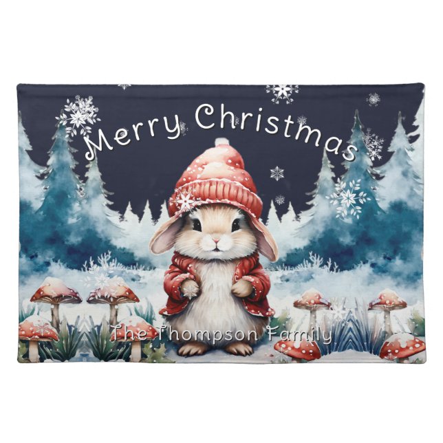 Whimsical Christmas Bunny Personalized Cloth Placemat (Front)