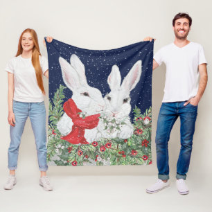 Whimsical Christmas Bunny Rabbit Festive Holiday Fleece Blanket