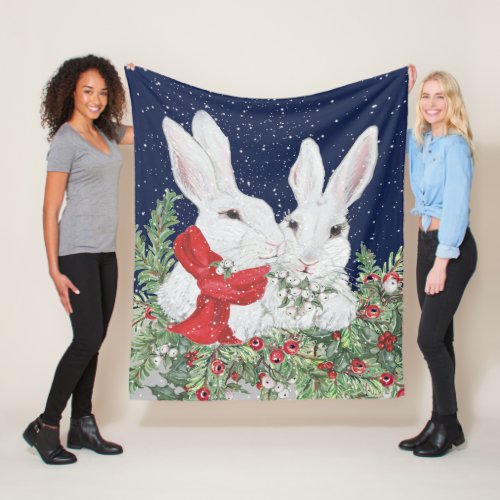 Whimsical Christmas Bunny Rabbit Festive Holiday Fleece Blanket