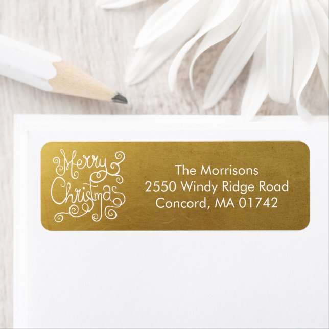 Whimsical Christmas Calligraphy Modern Swirl Gold Label (Insitu)