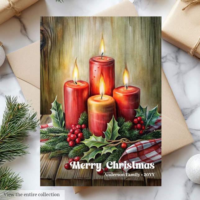 Whimsical Christmas candles rustic pine wreath Holiday Card (Whimsical Christmas candles rustic pine wreath Holiday Card)