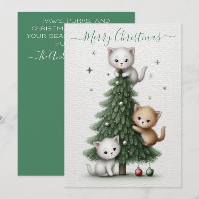 Whimsical Christmas Card with Cartoon Kittens  (Front/Back)
