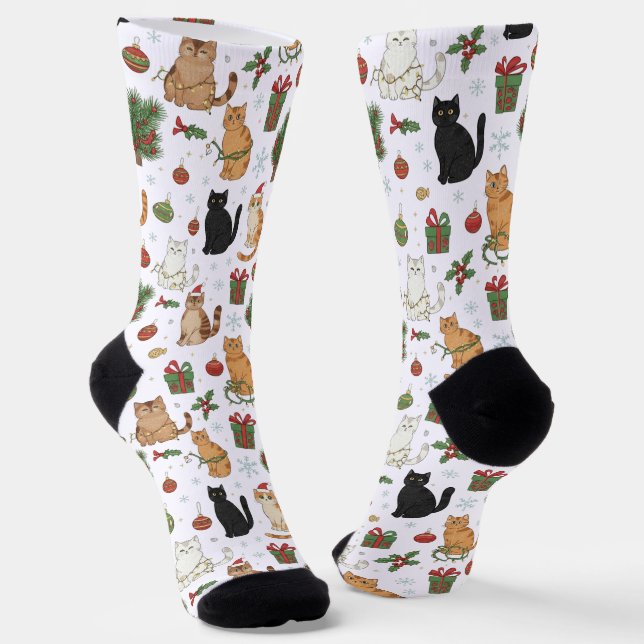 Whimsical Christmas Cat Pattern Socks  (Angled)