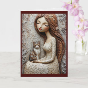 Whimsical Christmas Cat Winter Maiden Art Card