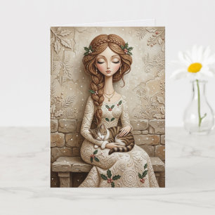 Whimsical Christmas Cat Winter Maiden Art Card