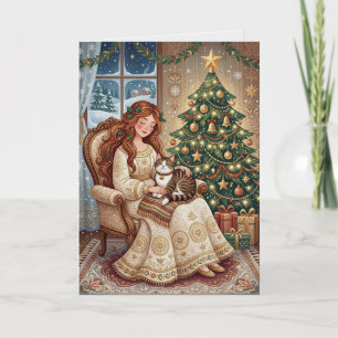Whimsical Christmas Cat & Winter Maiden Art Card