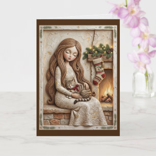 Whimsical Christmas Cat Winter Maiden Art Card
