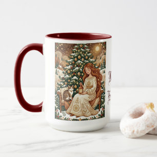 Whimsical Christmas Cat Winter Maiden Art Mug