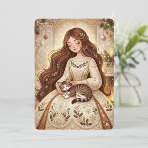 Whimsical Christmas Cat & Winter Maiden Art Thank You Card