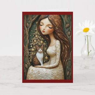 Whimsical Christmas Cat Winter Maiden Flat Card