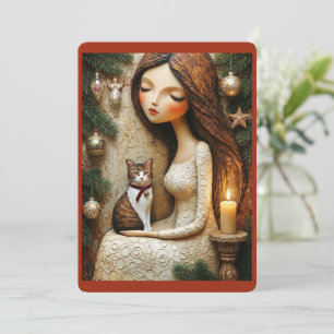 Whimsical Christmas Cat Winter Maiden Flat Card