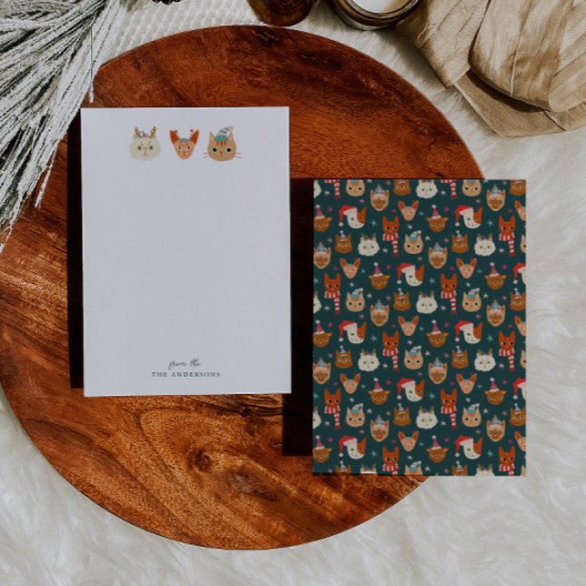 Whimsical Christmas Cats Green Note Card (Creator Uploaded)