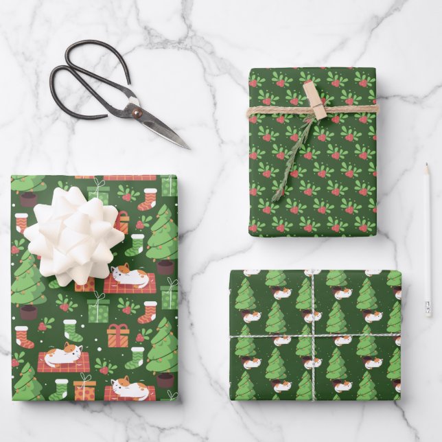 Whimsical Christmas Cats Wrapping Paper Sheets (Front)