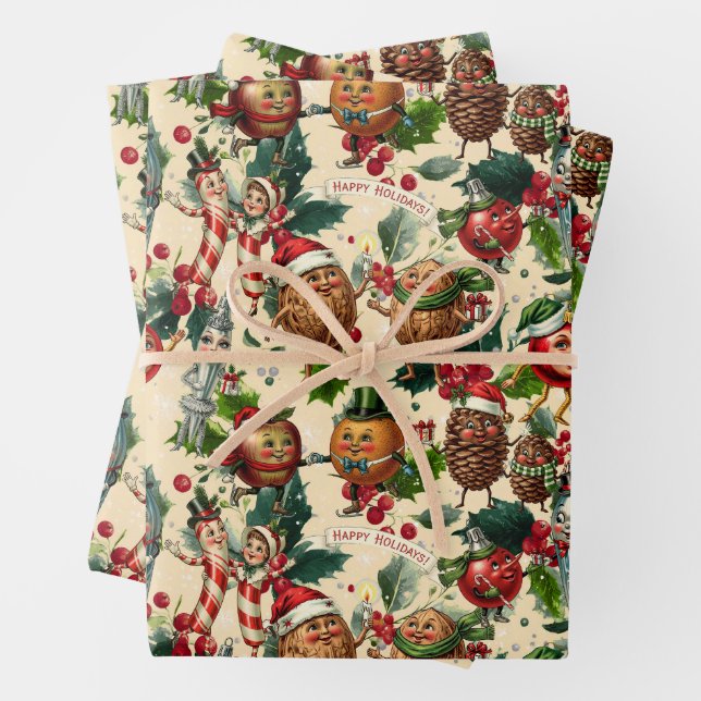 Whimsical Christmas Characters Wrapping Paper Sheets (In situ)