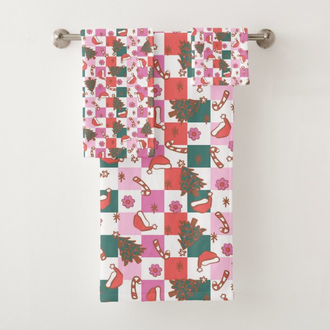 Whimsical Christmas Cheer Santa Hat and Candy Cane Bath Towel Set (Insitu)
