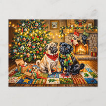 Whimsical Christmas Cottage Mops Dog Illustration