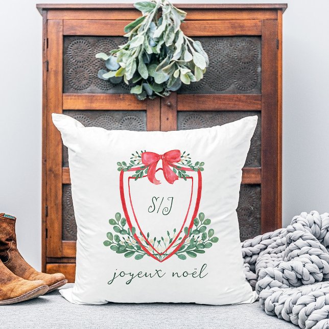 Whimsical Christmas Crest | Joyeux Noël Throw Pillow (Creator Uploaded)