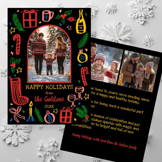 Whimsical Christmas  Cute Custom Arch 3 PHOTO  Holiday Card (Whimsical Christmas Doodle Cute Custom Arch 3 PHOTO Holiday Card
)