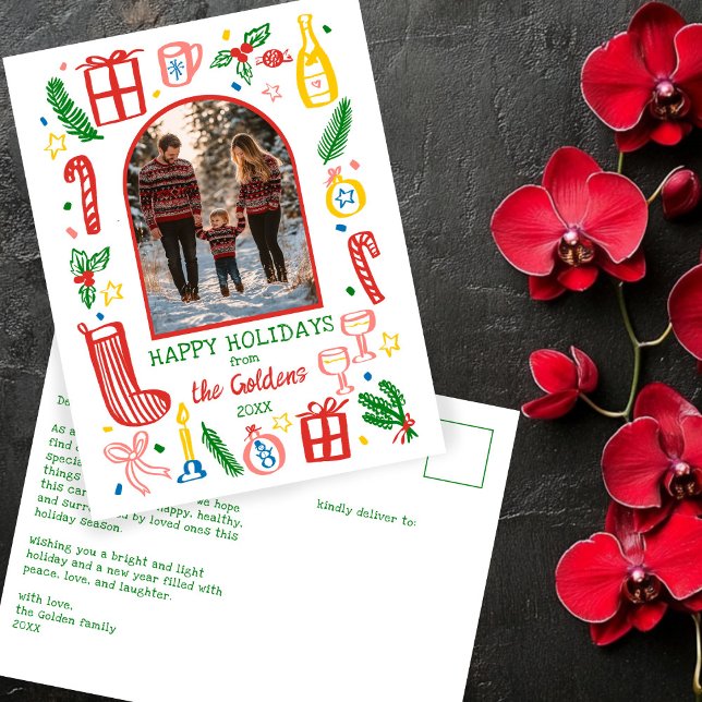 Whimsical Christmas  Cute Custom Arch PHOTO  Holiday Postcard (Whimsical Doodle Christmas Cute Custom Arch PHOTO Holiday Postcard
)