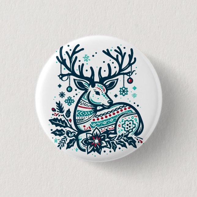 Whimsical Christmas Deer Vector Clipart - Festive Button (Front)