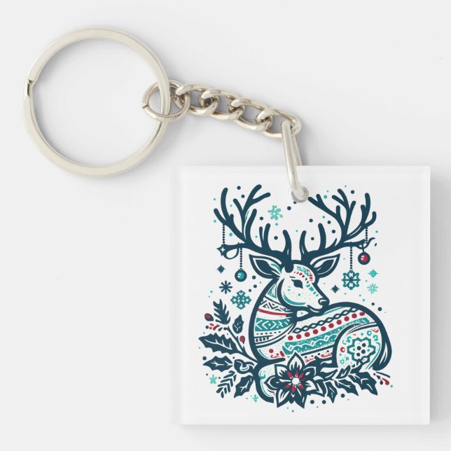 Whimsical Christmas Deer Vector Clipart - Festive Keychain (Front)