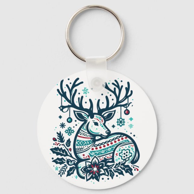 Whimsical Christmas Deer Vector Clipart - Festive Keychain (Front)