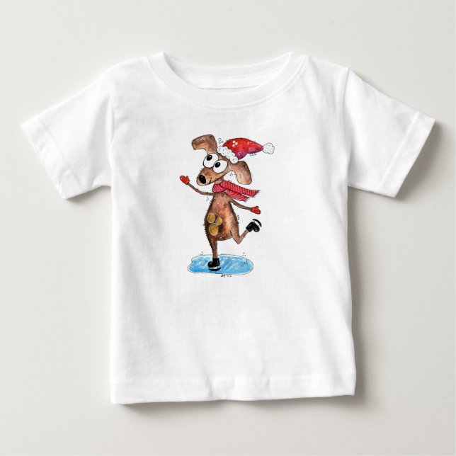 Whimsical Christmas Dog on Ice Skates Baby T-Shirt (Front)