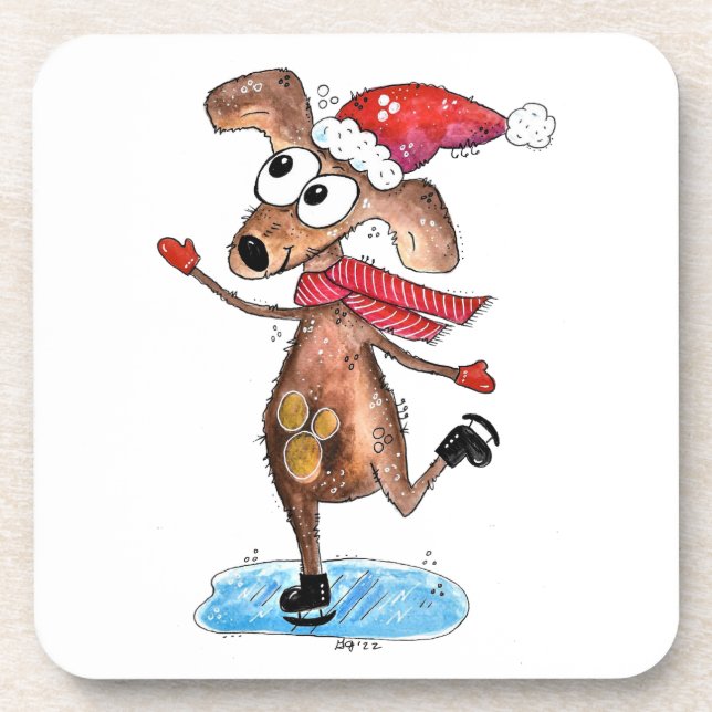 Whimsical Christmas Dog on Ice Skates Beverage Coaster (Front)