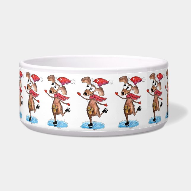 Whimsical Christmas Dog on Ice Skates Bowl (Front)