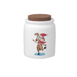 Whimsical Christmas Dog on Ice Skates Candy Jar