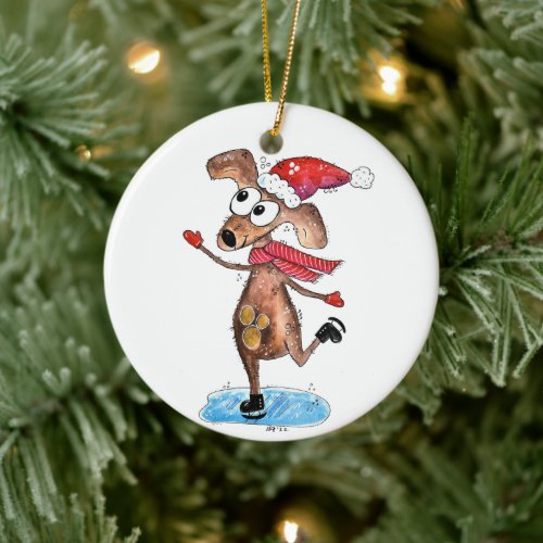 Whimsical Christmas Dog on Ice Skates Ceramic Ornament