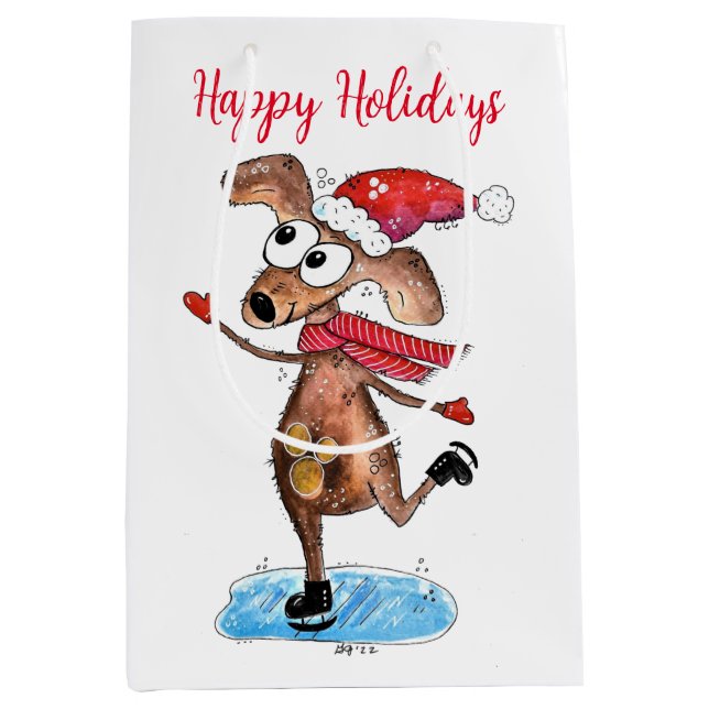 Whimsical Christmas Dog on Ice Skates Medium Gift Bag (Front)