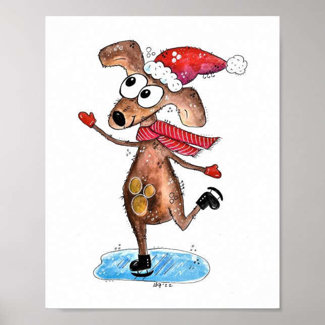 Whimsical Christmas Dog on Ice Skates Poster (Front)