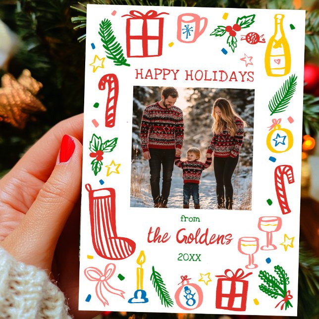Whimsical Christmas Doodle Cute Custom PHOTO  Holiday Card (Whimsical Christmas Doodle Sketch Cute Custom PHOTO Flat Holiday Card
)
